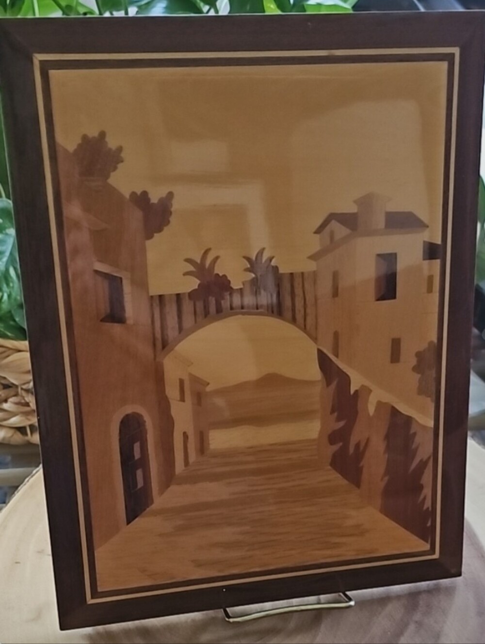UNIQUE Vintage (1960s) Italian Marquetry Art - Coastal Villa Inlaid Teak Wood